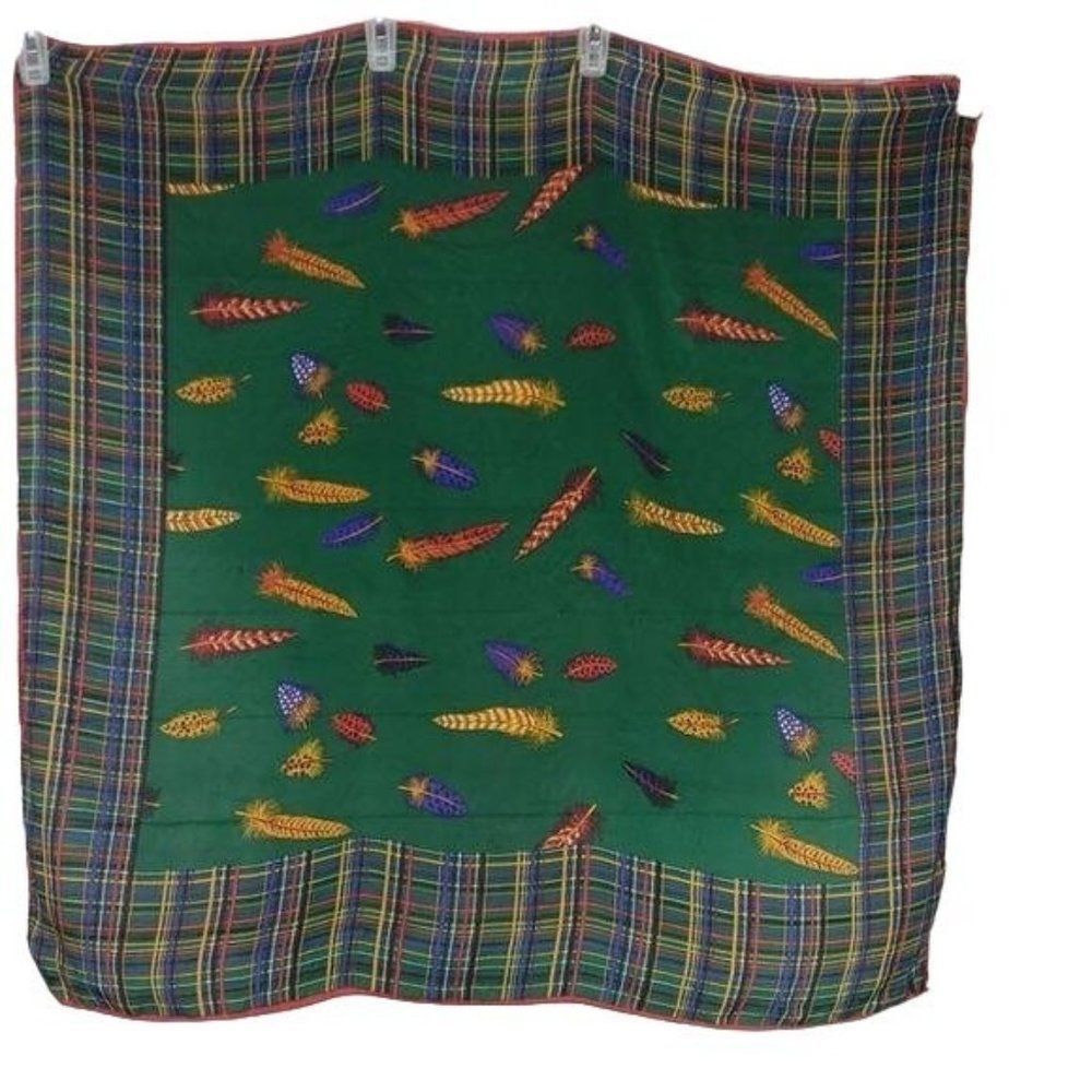 Indian Feathers Hunter Green Plaid Scarf 31"x32" Wrap Boho